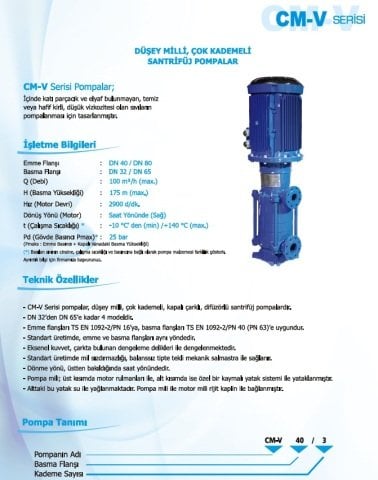 Norm CM-V 32/3      4 kW  380V   Düşey Milli Çok Kademeli Santrifüj Pompa