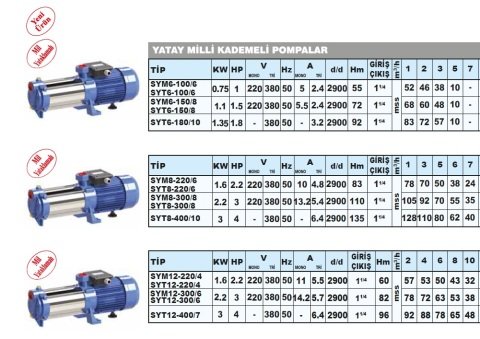 Sumak SYT12-220/4  2.2Hp 380V  Yatay Milli Kademeli Pompa