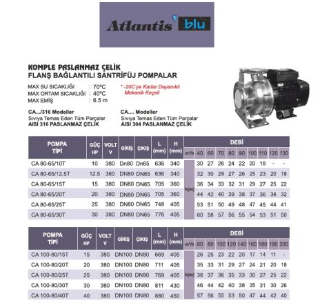 ATLANTİS BLU  CA 100-80/40T  40HP 380V  KOMPLE PASLANMAZ ÇELİK FLANŞ BAĞLANTILI SANTRİFÜJ POMPA