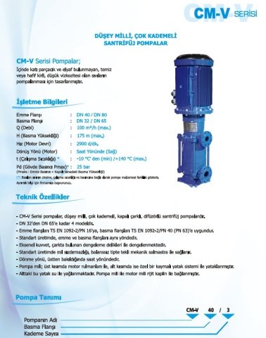 Norm CM-V 40/5      18.5 kW  380V   Düşey Milli Çok Kademeli Santrifüj Pompa