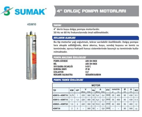 SUMAK 4SMT30 3HP 380V Dalgıç motoru Yerli Malı (motor)