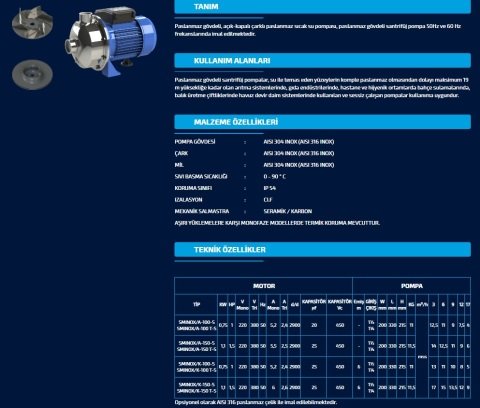 SUMAK SMINOX/K-150T- S 380V 1.5 HP PASLANMAZ SICAK SU SANTRİFÜJ POMPA