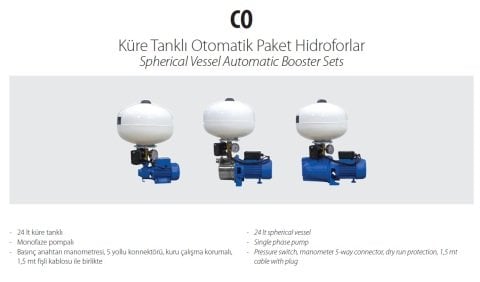 Aquastrong  CH 100 XHC 2-7      1.36Hp 220V   100 Litre  Küre Tanklı Paslanmaz Yatay Kademeli  Paket Hidrofor