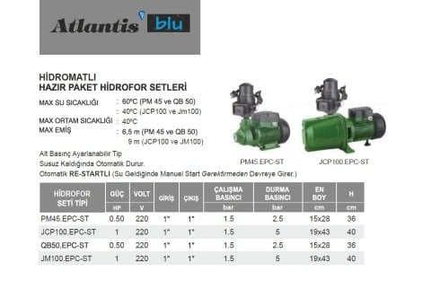 Atlantis Blu QB50.EPC-ST   0.50 Hp 220V  Hidromatlı Hazır Paket Hidrofor Seti