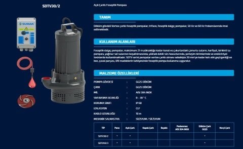 SUMAK SDTV 30/2 3HP 380v Açık Fanlı Pis Su Dalgıç Pompa