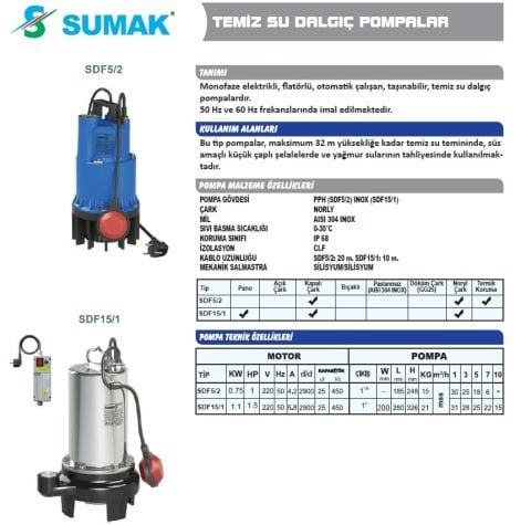 SUMAK SDF 25/2 220 V  DÖKÜM GÖVDELİ TEMİZ SU DALGIÇ POMPA