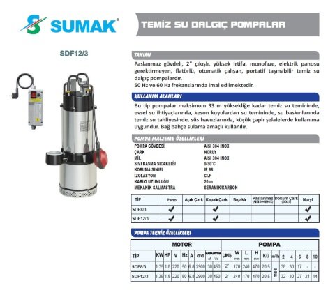 SUMAK SDF 12/3 KESON KUYU TEMİZ SU DALGIÇ POMPA