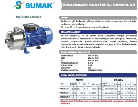 SUMAK SMINOX 12/300-3T KOMPLE PASLANMAZ KADEMELİ SANTRİFÜJ POMPA