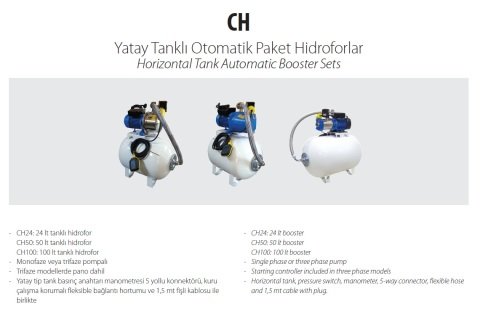 Aquastrong  CH 24 WTJ 60      0.6Hp 220V   24 Litre  Yatık Tanklı Paslanmaz Paket Hidrofor