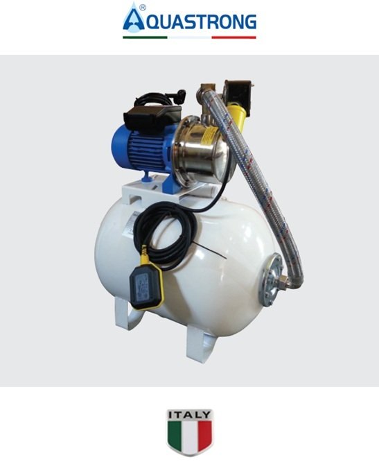 Aquastrong  CH 24 WTJ 100      1Hp 220V   24 Litre  Yatık Tanklı Paslanmaz Paket Hidrofor