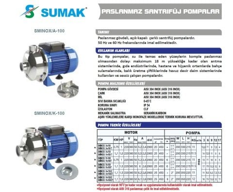 SUMAK SMINOX/K-150T 380 V 1.5 HP PASLANMAZ SANTRİFÜJ POMPA