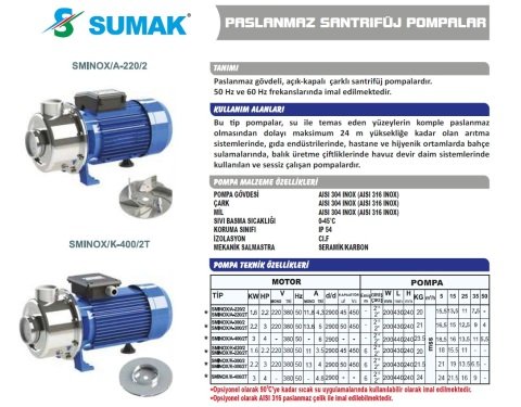 SUMAK SMINOX/A-220/2T 380 V 2.2 HP PASLANMAZ SANTRİFÜJ POMPA