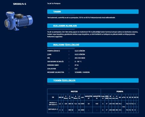 SUMAK SMT400/4-S 380W 4 HP SICAK SU SANTRİFÜJ POMPA