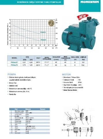 Momentum  PKSm37   0.50Hp  220V  Kendinden Emişli Sürtme Fanlı Pompa