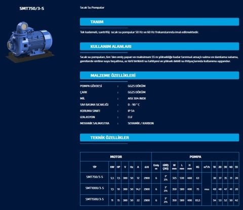 SUMAK SMT1500/3-S 380V 15 HP SICAK SU SANTRİFÜJ POMPA