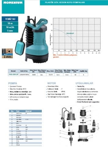 Momentum PKS-550-2P  500W-220V   Plastik Gövdeli Keson Kuyu Pompa