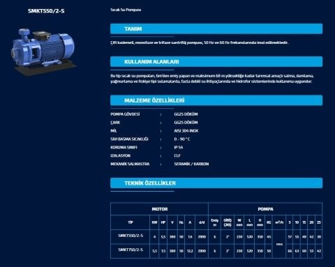 SUMAK SMKT 550/2-S 380V 5.5 HP ÇİFT KADEMELİ SICAK SU SANTRİFÜJ POMPA