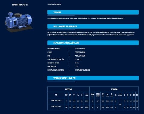 SUMAK SMKT 750/2-S 380V 7.5 HP ÇİFT KADEMELİ SICAK SU SANTRİFÜJ POMPA