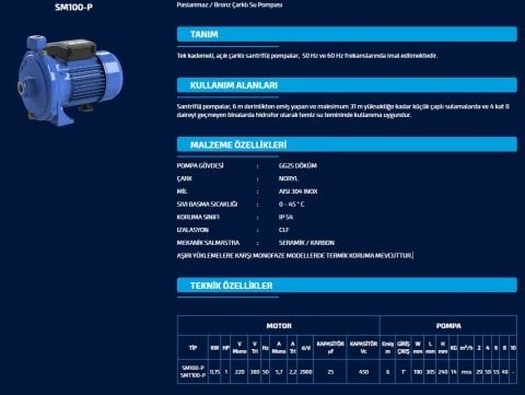 SUMAK SM100-P  1.HP 220 W PASLANMAZ BRONZ ÇARKLI SANTRİFÜJ POMPA