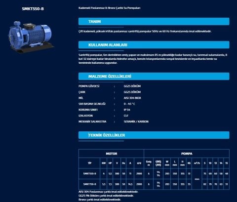 SUMAK SMKT550-B 5.5 HP 380 W  BRONZ ÇARKLI ÇİFT KADEMELİ SANTRİFÜJ POMPA