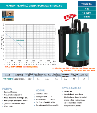 Momentum PKS-400DS  400W 220V Plastik Asansör Flatörlü Drenaj Dalgıç Pompa