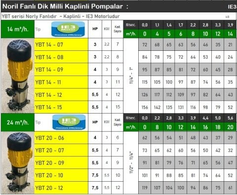 VORTEX YBT 14-12  5.5HP 380V  ÇOK KADEMELİ NORİL FANLI DİK MİLLİ KAPLİNLİ POMPA