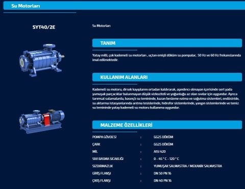 SUMAK SYT40/10E 60 HP 380W YATAY MİLLİ KADEMELİ POMPA