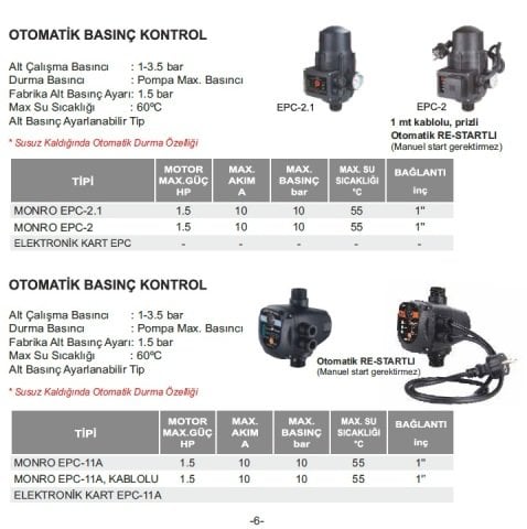 ATLANTİS MONRO EPC-11A, KABLOLU  1.5 HP   OTOMATİK BASINÇ KONTROL (HİDROMAT)