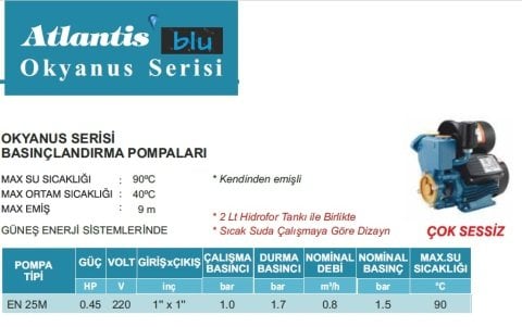 Atlantis Blu  EN 25M       0.45 Hp  220V  Güneş Enerjisi Basınç Arttırıcı Otomatik Paket Hidrofor