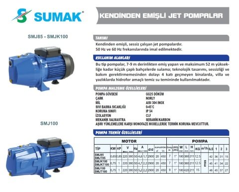 SUMAK SMJKT100 1Hp 380v Döküm Gövdeli Jet Pompa