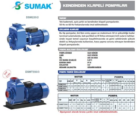 Sumak DSMT550/3   5.5Hp 380v Kendinden Klapeli Santrifüj Pompa