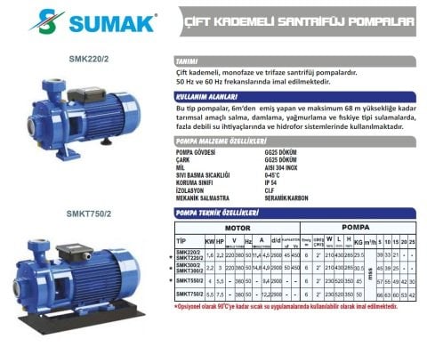 SUMAK SMKT 220/2  2.2 HP 380V ÇİFT KADEMELİ SANTRİFÜJ POMPA