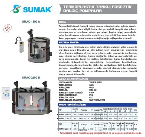 SUMAK SMAC-2200 A - 200 LT TERMOPLASTİK ATIK SU TAHLİYE ÜNİTESİ (PARÇALAYICI BIÇAKLI)