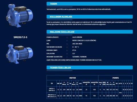 SUMAK SMT150-S   380 V   1.5 HP SICAK SU SANTRİFÜJ POMPA