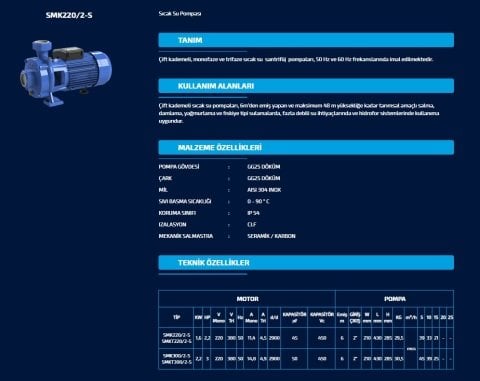 SUMAK SMK220/2-S   220V  2.2 HP ÇİFT KADEMELİ SICAK SU SANTRİFÜJ POMPA