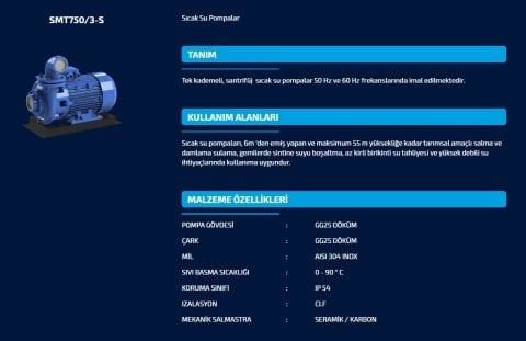 SUMAK SMT 750/3-S  7.5HP 380V  SICAK SU SANTRİFÜJ POMPA
