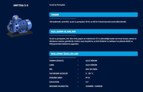 SUMAK SMT 1000/3-S  10HP 380V  SICAK SU SANTRİFÜJ POMPA