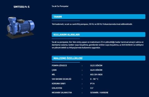 SUMAK SMT750/4-S  7.5HP 380V  SICAK SU SANTRİFÜJ POMPA