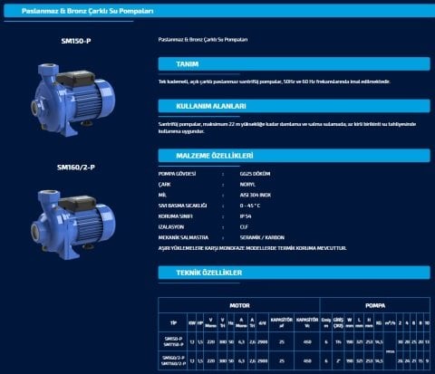 SUMAK SMT160/2-P   1.5 HP 380V   PASLANMAZ BRONZ ÇARKLI SANTRİFÜJ POMPA