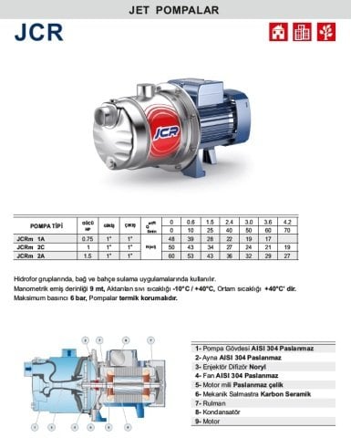 PEDROLLO JCRm 2C 1HP 220V PASLANMAZ GÖVDELİ JET POMPA