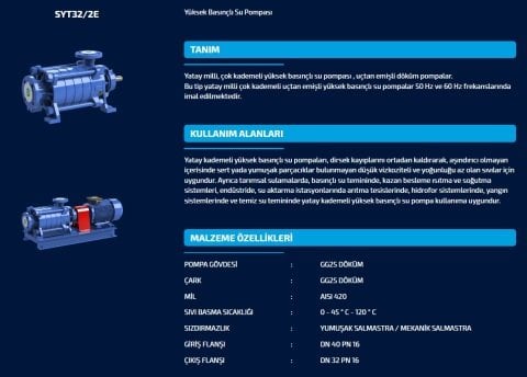 SUMAK  SYT32/11E    18.5kW 380V    YATAY MİLLİ UÇTAN EMİŞLİ KADEMELİ POMPA