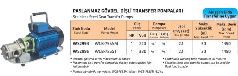 WATER SOUND WCB-75SST, 1HP, 220V, PASLANMAZ GÖVDELİ, DİŞLİ, YAĞ TRANSFER POMPASI [ 1450 d/d ]