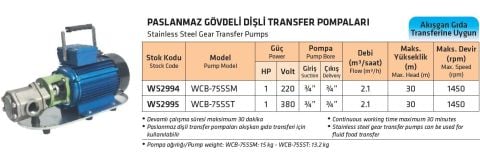 WATER SOUND WCB-75SST, 1HP, 380V, PASLANMAZ GÖVDELİ, DİŞLİ, YAĞ TRANSFER POMPASI [ 1450 d/d ]