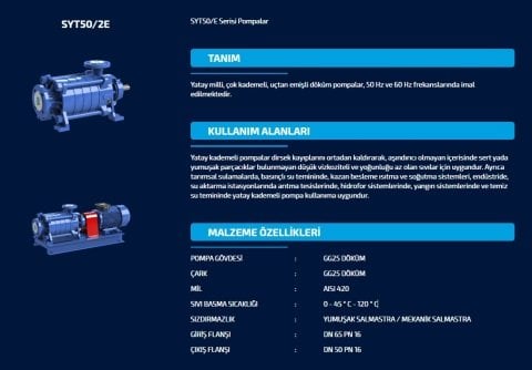 SUMAK  SYT 50/6E   37kW 380V   YATAY MİLLİ KADEMELİ UÇTAN EMİŞLİ POMPA