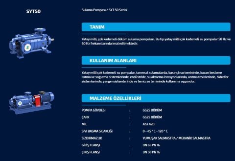 SUMAK  SYT 50/3   3kW 380V   YATAY MİLLİ KADEMELİ  POMPA (1450 d/d)