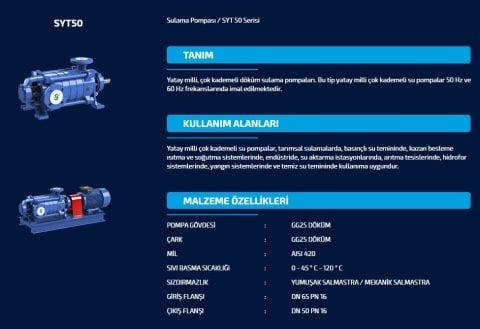 SUMAK  SYT 50/8   7.5kW 380V   YATAY MİLLİ KADEMELİ  POMPA (1450 d/d)