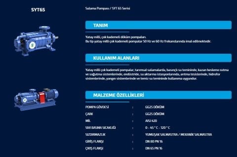 SUMAK  SYT 65/4   7.5kW 380V   YATAY MİLLİ KADEMELİ  POMPA (1450 d/d)