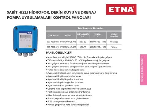 Etna HYDROPAN2D-APS  0.37-2.2kW 220V  İki Pompalı Sistemler Sabit Hızlı Hidrofor ve Derin Kuyu Sondaj Drenaj Dalgıç Pompa Uygulamaları İçin Kontrol Panosu