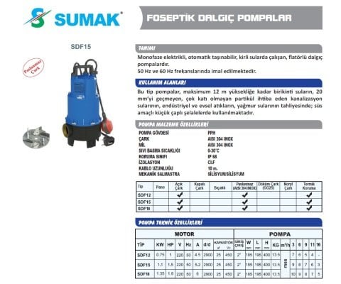 SUMAK SDF15 1.5HP 220v Açık Fanlı Pis Su Dalgıç Pompa