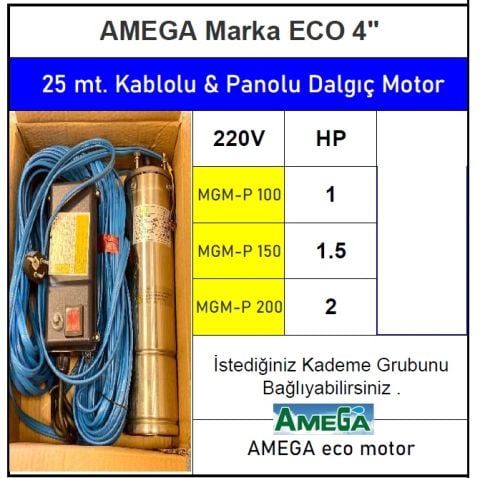 Amega MGM-P 100 1Hp 220V 4\'\' 25 Metre Kablolu ve Panolu Dalgıç Motor (Eco motor)